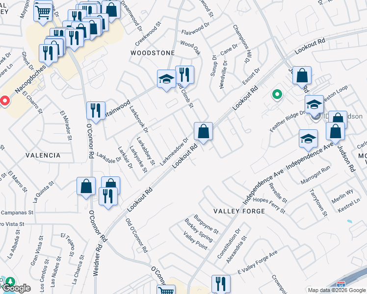 map of restaurants, bars, coffee shops, grocery stores, and more near 5822 Larkmeadow Drive in San Antonio