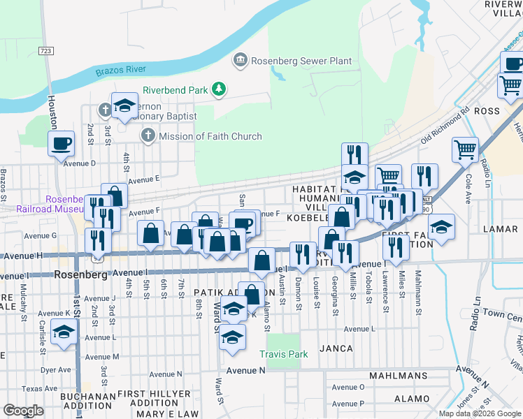 map of restaurants, bars, coffee shops, grocery stores, and more near 2725 Avenue F in Rosenberg
