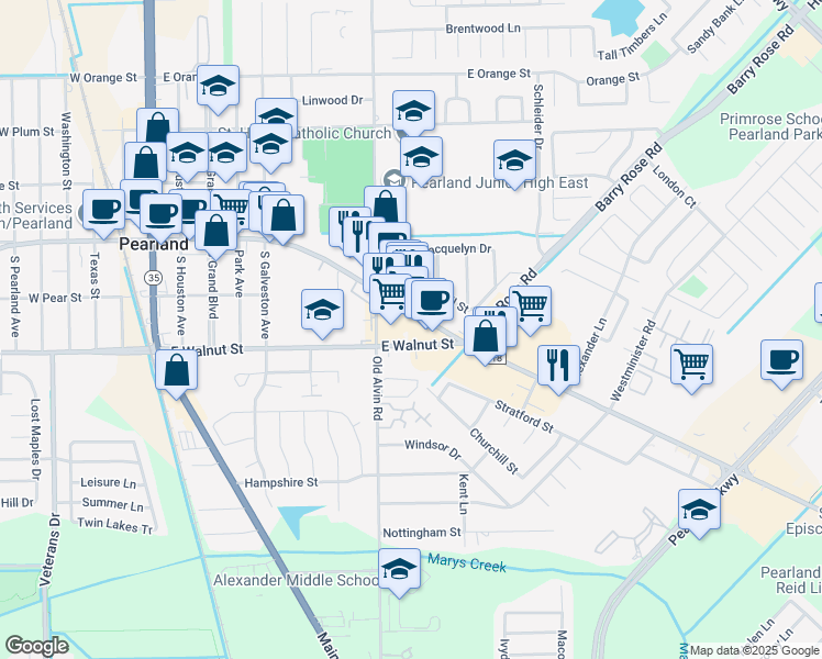 map of restaurants, bars, coffee shops, grocery stores, and more near 3320 East Broadway Street in Pearland