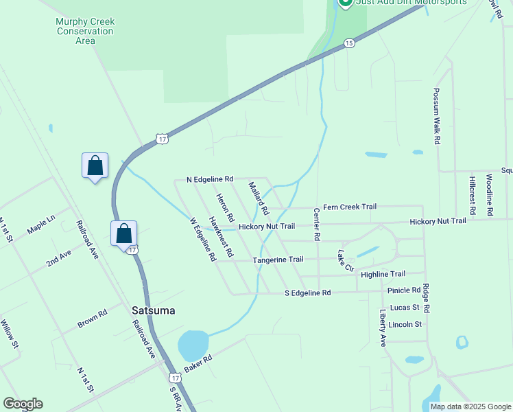 map of restaurants, bars, coffee shops, grocery stores, and more near 115 Mallard Road in Satsuma