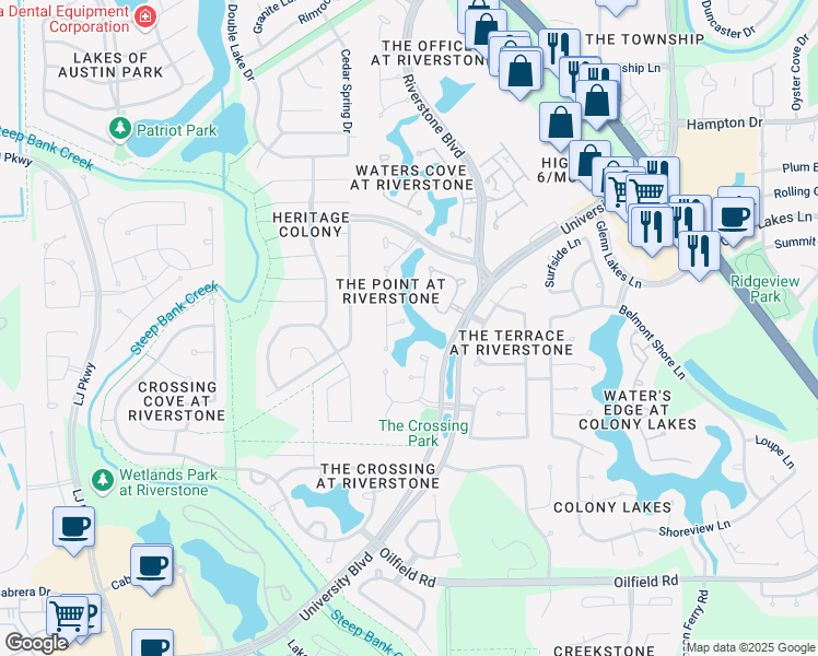 map of restaurants, bars, coffee shops, grocery stores, and more near 4503 Water Point in Missouri City