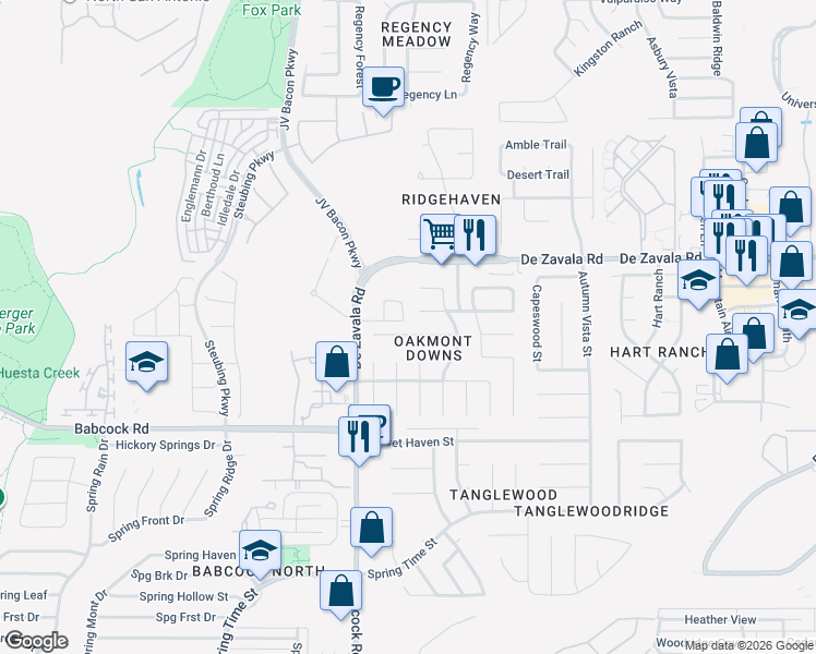 map of restaurants, bars, coffee shops, grocery stores, and more near 6349 Stable Farm in San Antonio