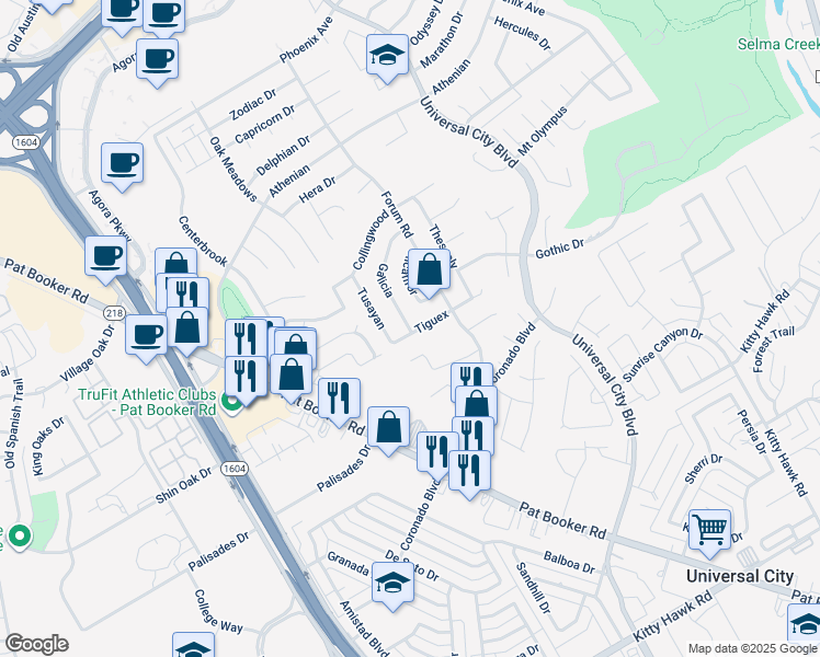 map of restaurants, bars, coffee shops, grocery stores, and more near 13303 Galicia in Universal City