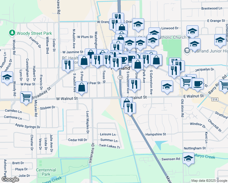 map of restaurants, bars, coffee shops, grocery stores, and more near 2534 South Sacramento Avenue in Pearland