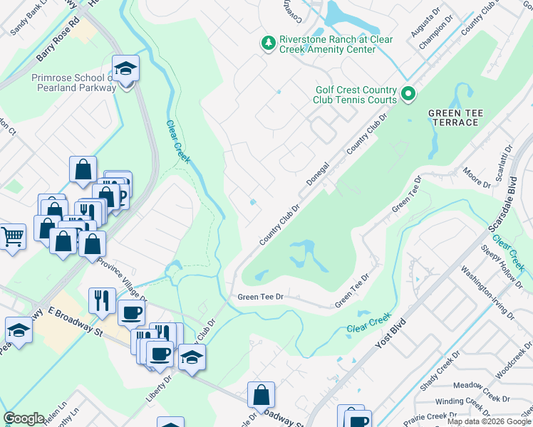 map of restaurants, bars, coffee shops, grocery stores, and more near 2918 Country Club Drive in Pearland