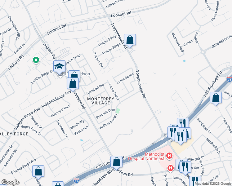 map of restaurants, bars, coffee shops, grocery stores, and more near 13226 Loma Sierra in San Antonio