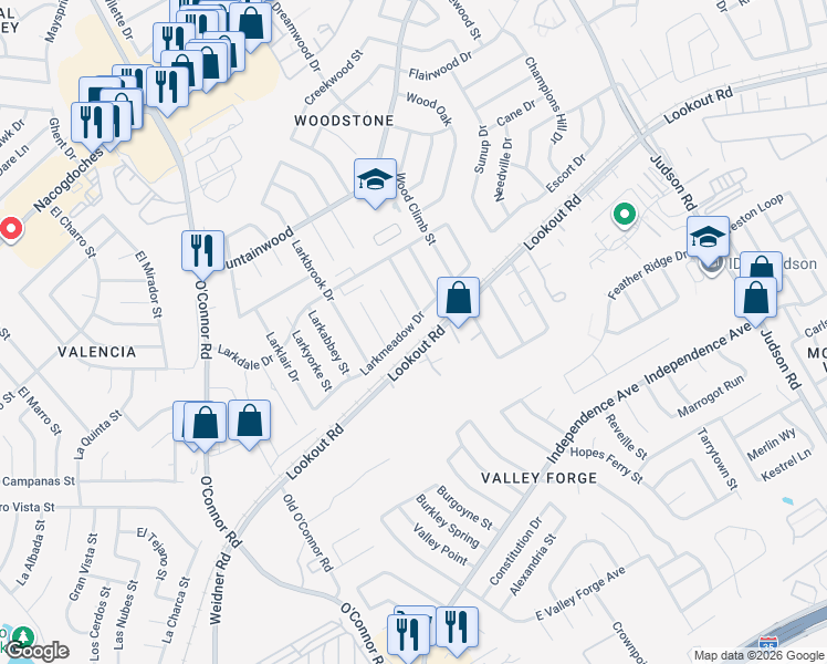 map of restaurants, bars, coffee shops, grocery stores, and more near 5822 Larkmeadow Drive in San Antonio