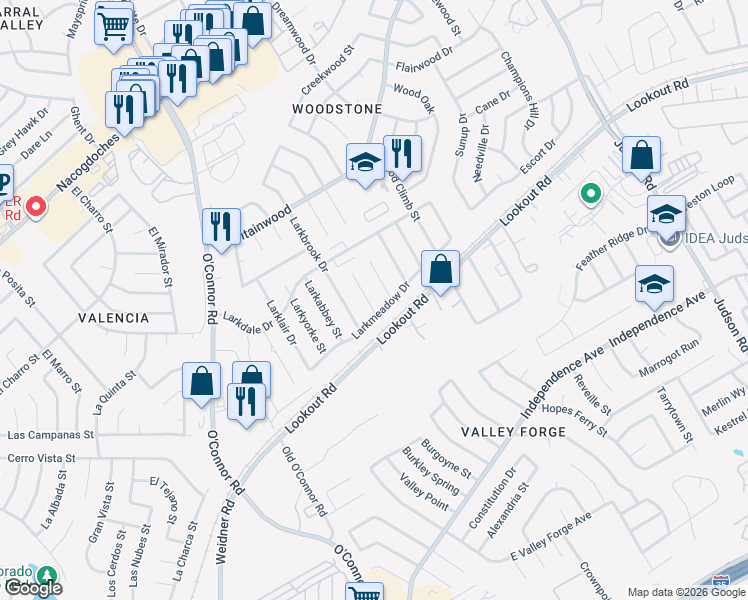 map of restaurants, bars, coffee shops, grocery stores, and more near 13211 Larkwalk Street in San Antonio