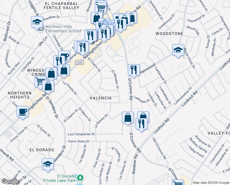 map of restaurants, bars, coffee shops, grocery stores, and more near 5139 El Capitan Street in San Antonio