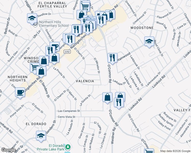 map of restaurants, bars, coffee shops, grocery stores, and more near 5139 El Capitan Street in San Antonio