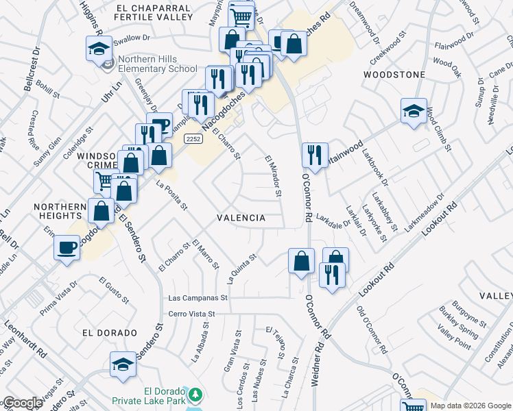 map of restaurants, bars, coffee shops, grocery stores, and more near 5115 El Capitan in San Antonio