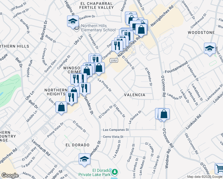 map of restaurants, bars, coffee shops, grocery stores, and more near 5123 La Posita Street in San Antonio