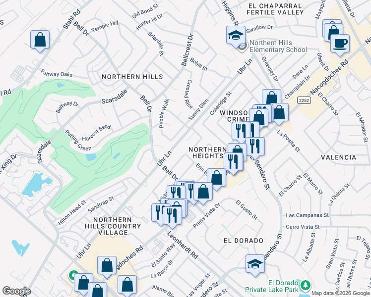 map of restaurants, bars, coffee shops, grocery stores, and more near 4619 Erin Boulevard in San Antonio