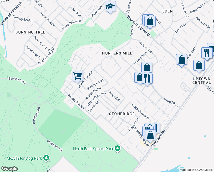 map of restaurants, bars, coffee shops, grocery stores, and more near 12136 Stoney Bridge in San Antonio