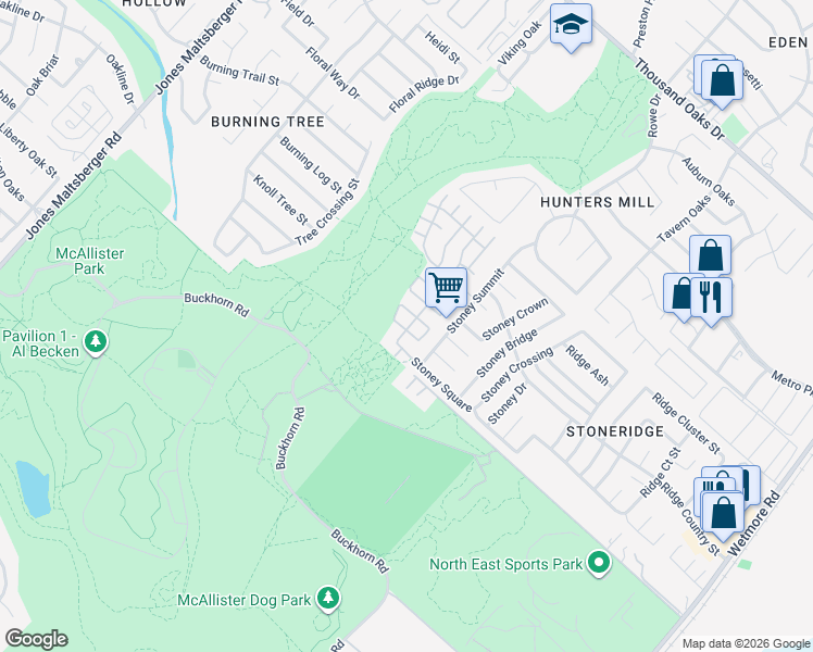 map of restaurants, bars, coffee shops, grocery stores, and more near 3114 Stoney Fork in San Antonio