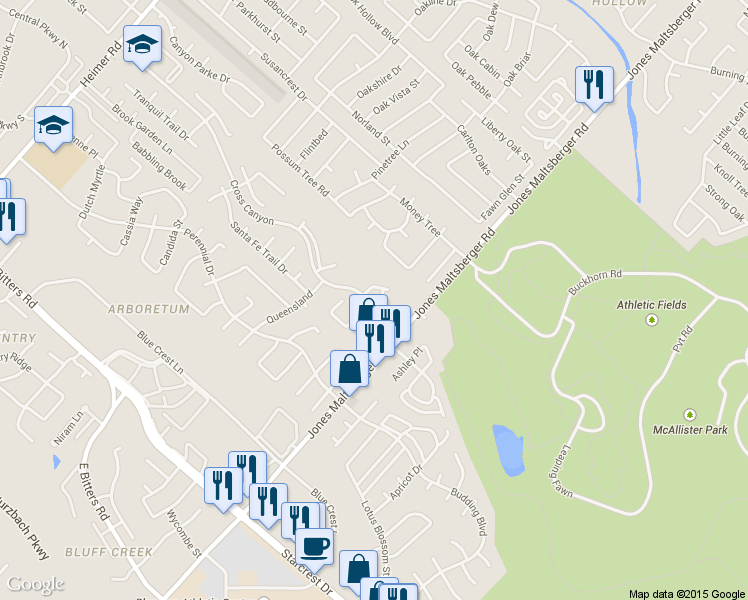 map of restaurants, bars, coffee shops, grocery stores, and more near 1807 Clifftop in San Antonio