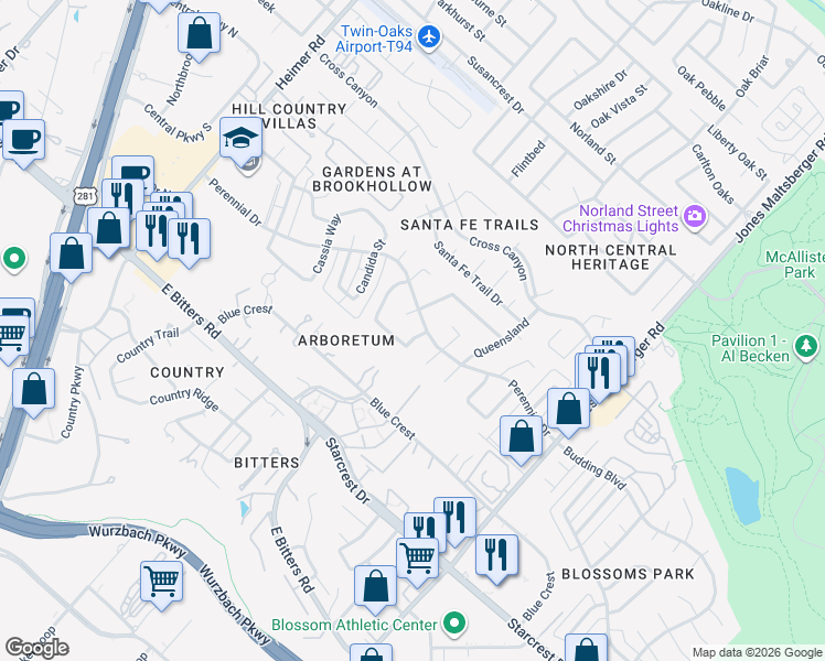 map of restaurants, bars, coffee shops, grocery stores, and more near 13310 Ox Bridge Lane in San Antonio