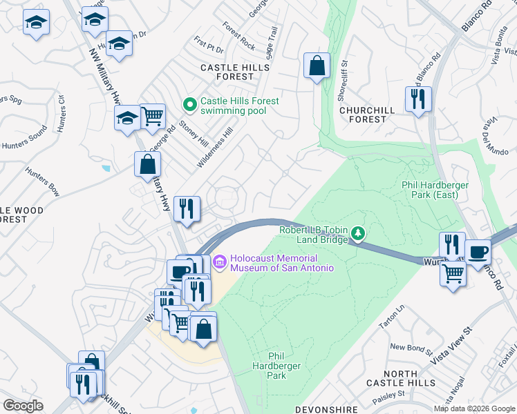map of restaurants, bars, coffee shops, grocery stores, and more near 2443 Mill Creek Drive in San Antonio