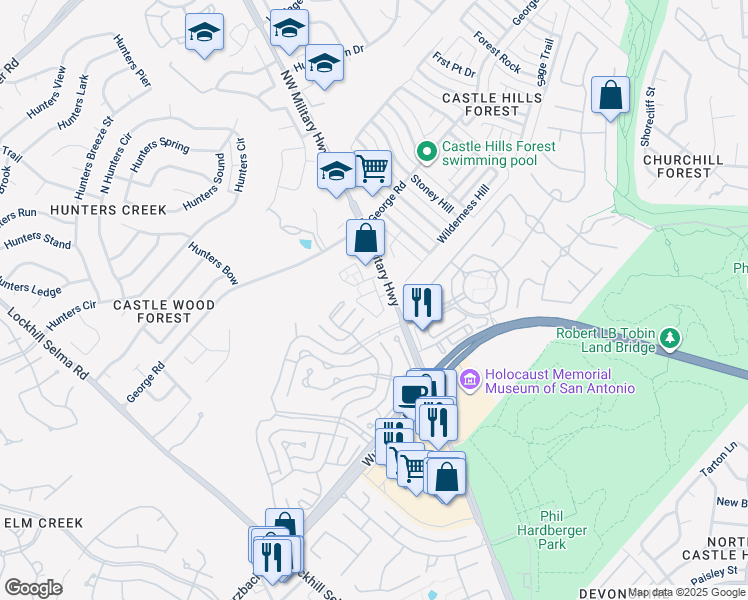 map of restaurants, bars, coffee shops, grocery stores, and more near 122 Umbria in San Antonio