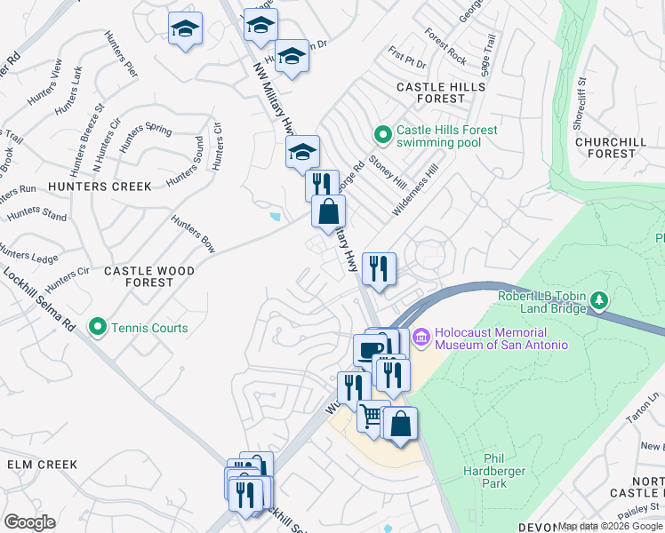 map of restaurants, bars, coffee shops, grocery stores, and more near 122 Umbria in San Antonio