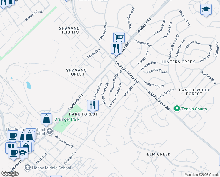 map of restaurants, bars, coffee shops, grocery stores, and more near 12910 Kings Forest Street in San Antonio