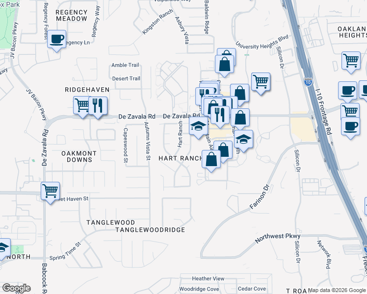 map of restaurants, bars, coffee shops, grocery stores, and more near 12323 Hart Crest in San Antonio