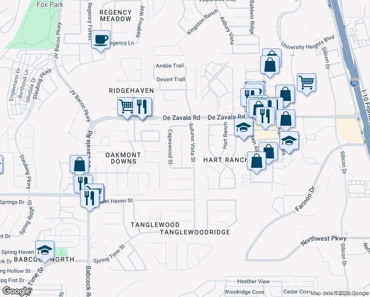 map of restaurants, bars, coffee shops, grocery stores, and more near 12327 Mapletree Street in San Antonio