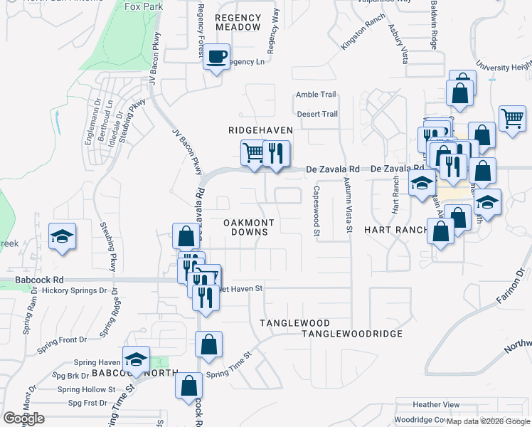 map of restaurants, bars, coffee shops, grocery stores, and more near 6311 Stable Farm in San Antonio