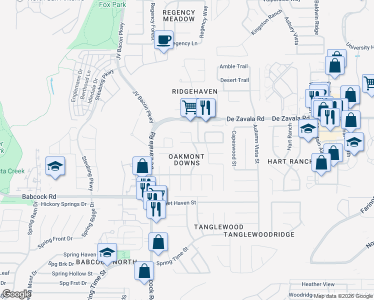map of restaurants, bars, coffee shops, grocery stores, and more near 6311 Stable Farm in San Antonio