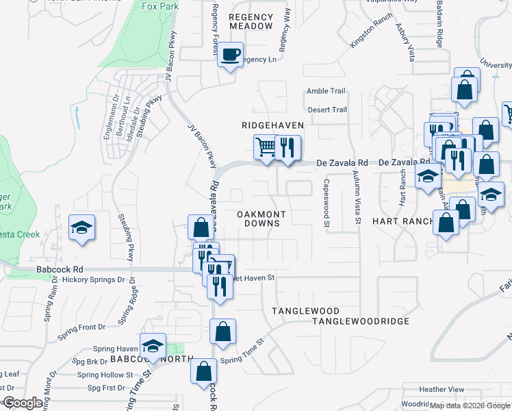 map of restaurants, bars, coffee shops, grocery stores, and more near 6349 Stable Farm in San Antonio