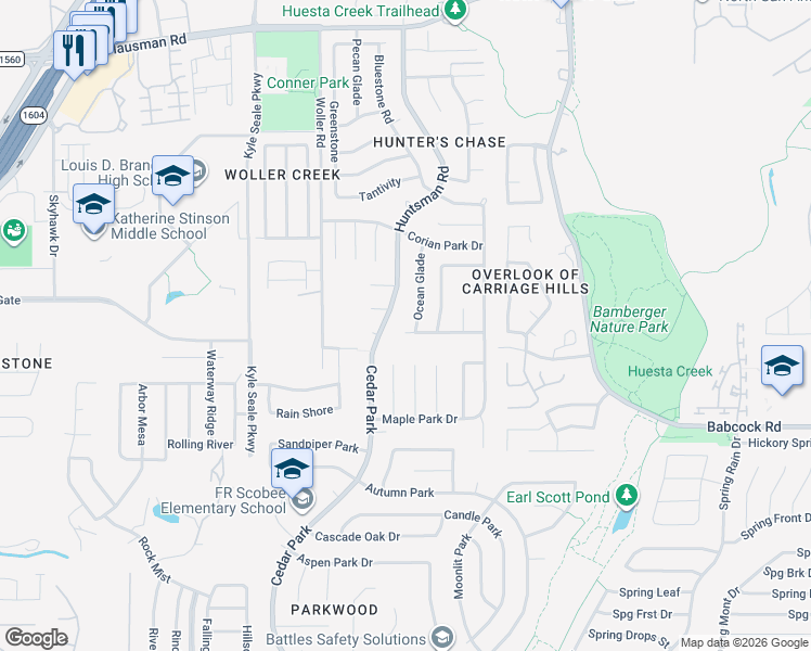 map of restaurants, bars, coffee shops, grocery stores, and more near 12910 Huntsman Road in San Antonio