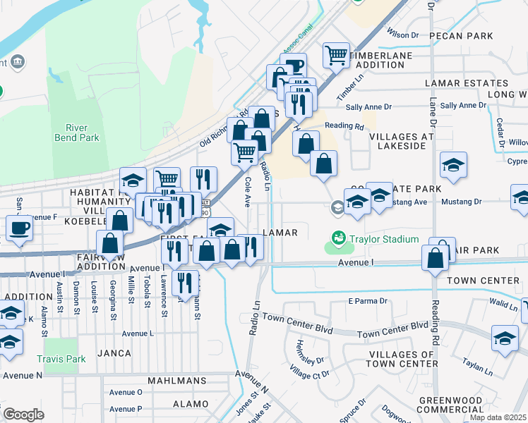 map of restaurants, bars, coffee shops, grocery stores, and more near 1102 Old Radio Lane in Rosenberg
