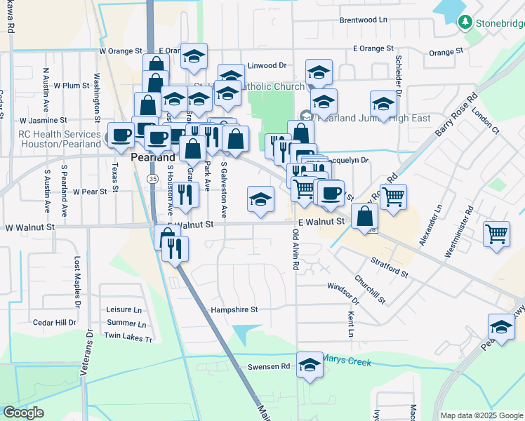 map of restaurants, bars, coffee shops, grocery stores, and more near in Pearland