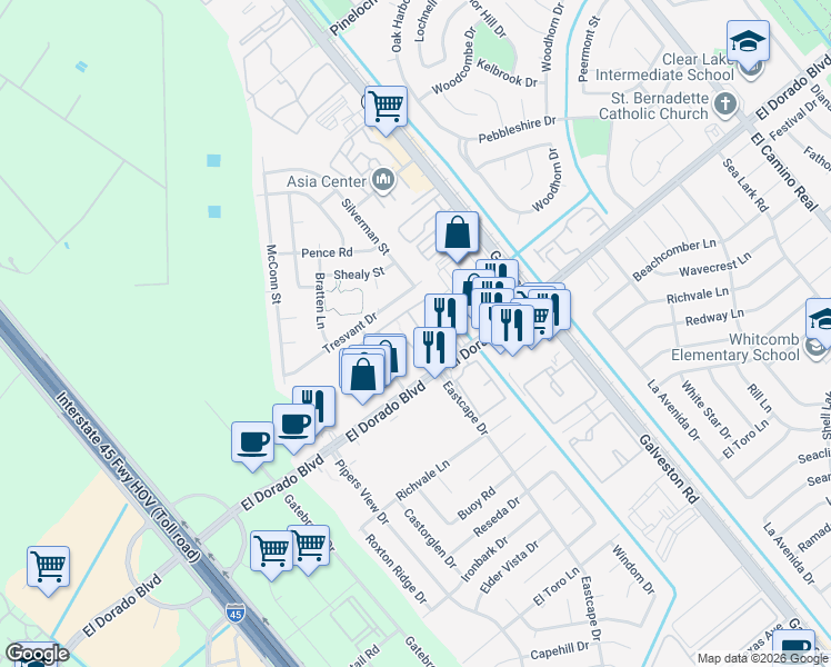 map of restaurants, bars, coffee shops, grocery stores, and more near 503 El Dorado Boulevard in Webster