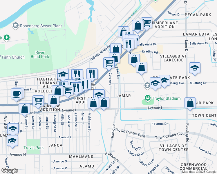 map of restaurants, bars, coffee shops, grocery stores, and more near 922 Cole Avenue in Rosenberg