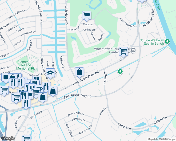 map of restaurants, bars, coffee shops, grocery stores, and more near 52 Lake Forest Place in Palm Coast