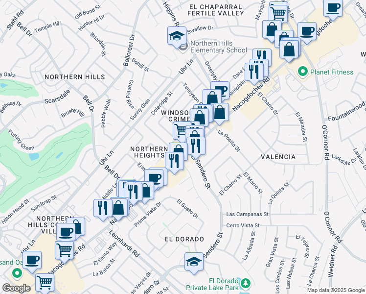 map of restaurants, bars, coffee shops, grocery stores, and more near 13107 Nacogdoches Road in San Antonio