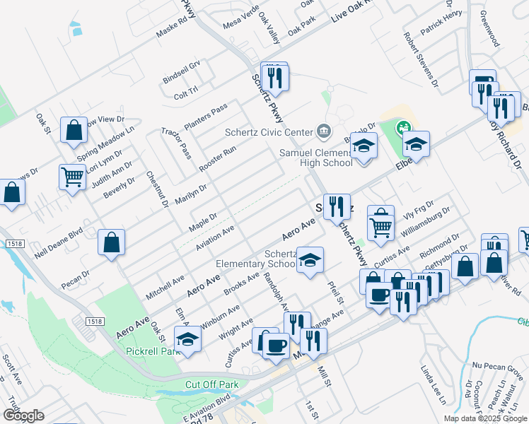 map of restaurants, bars, coffee shops, grocery stores, and more near 705 Mitchell Avenue in Schertz