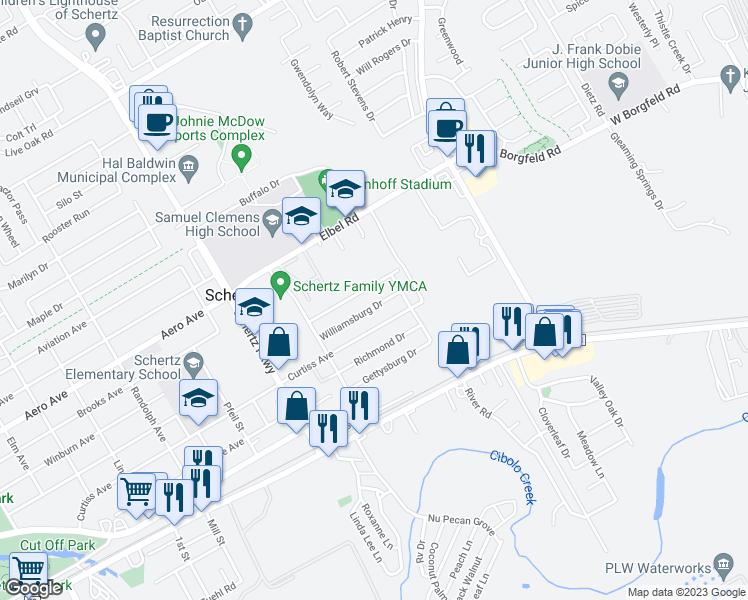 map of restaurants, bars, coffee shops, grocery stores, and more near 1060 Williamsburg Drive in Schertz