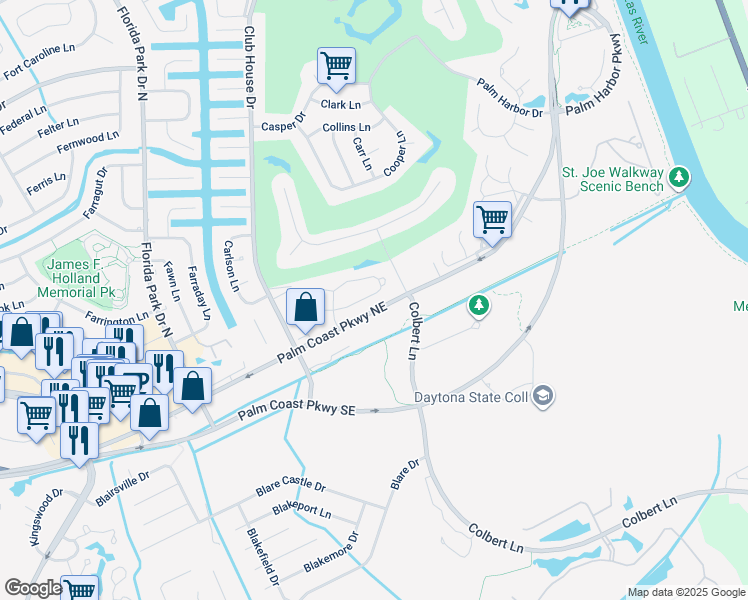 map of restaurants, bars, coffee shops, grocery stores, and more near 38 Lake Forest Place in Palm Coast