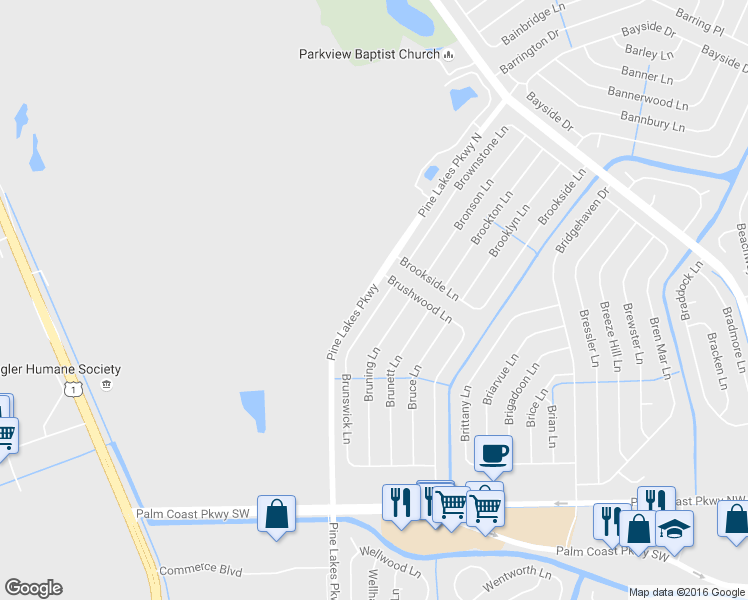 map of restaurants, bars, coffee shops, grocery stores, and more near 9 Pine Lakes Parkway in Palm Coast