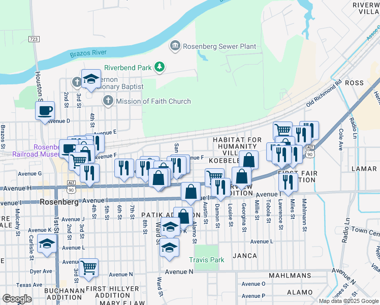 map of restaurants, bars, coffee shops, grocery stores, and more near 2725 Avenue F in Rosenberg