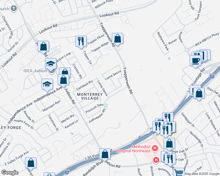 map of restaurants, bars, coffee shops, grocery stores, and more near 13226 Loma Sierra in San Antonio