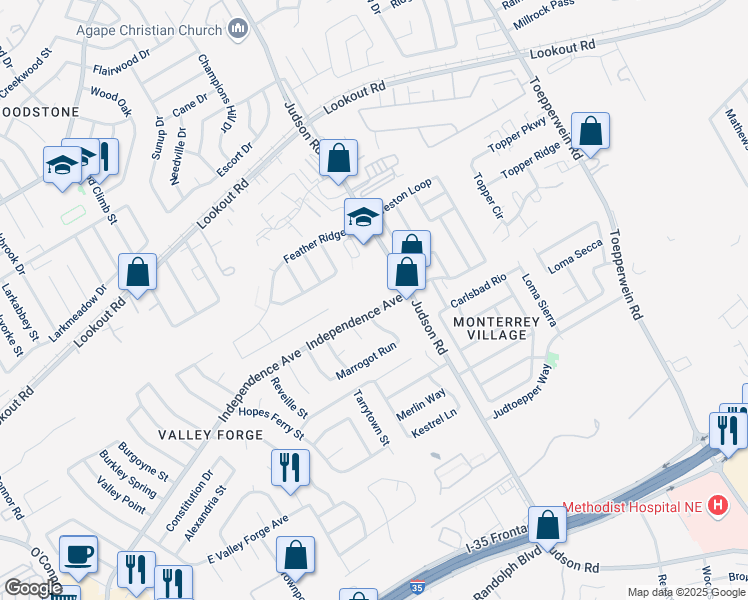 map of restaurants, bars, coffee shops, grocery stores, and more near 13129 Independence Avenue in San Antonio
