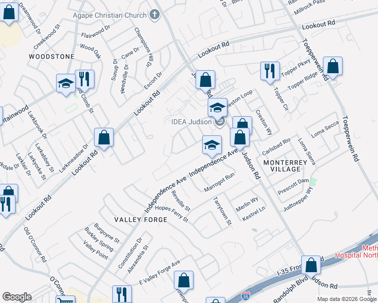 map of restaurants, bars, coffee shops, grocery stores, and more near 13151 Feather Point Drive in San Antonio