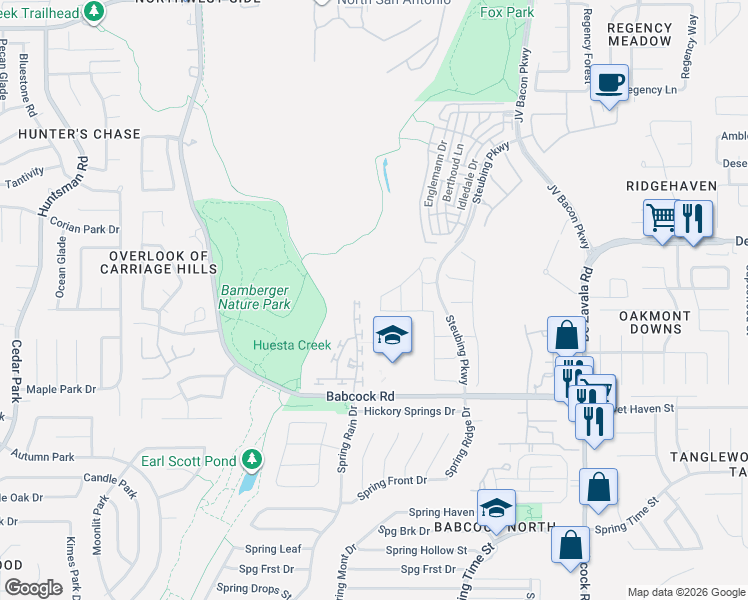 map of restaurants, bars, coffee shops, grocery stores, and more near 12506 Wesley Creek in San Antonio