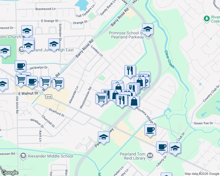 map of restaurants, bars, coffee shops, grocery stores, and more near 2922 Waterloo Road in Pearland