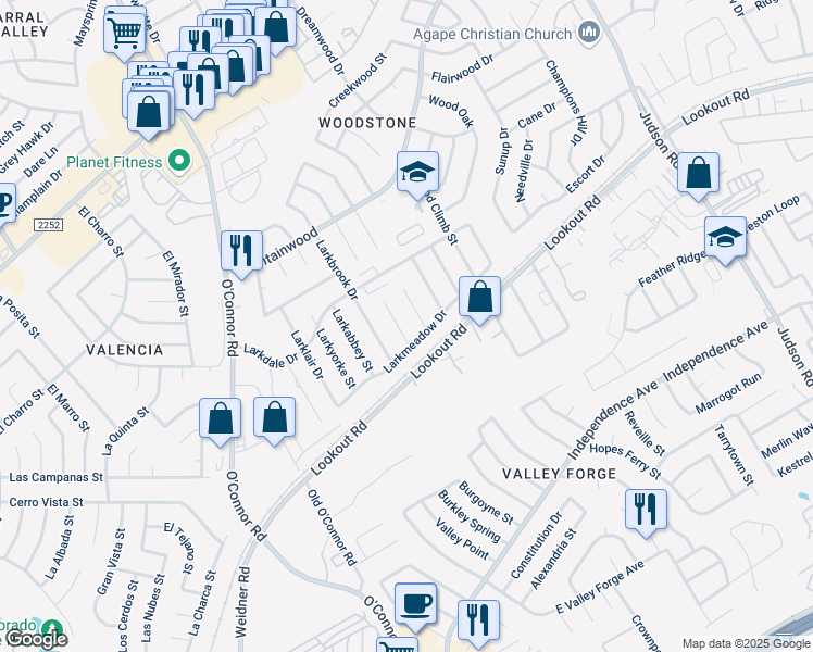 map of restaurants, bars, coffee shops, grocery stores, and more near 13214 Larkwalk Street in San Antonio