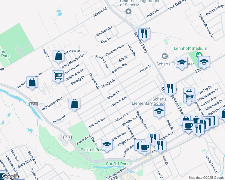 map of restaurants, bars, coffee shops, grocery stores, and more near 508 Pecan Drive in Schertz