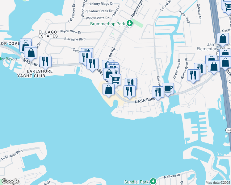 map of restaurants, bars, coffee shops, grocery stores, and more near 3010 NASA Road 1 in Seabrook